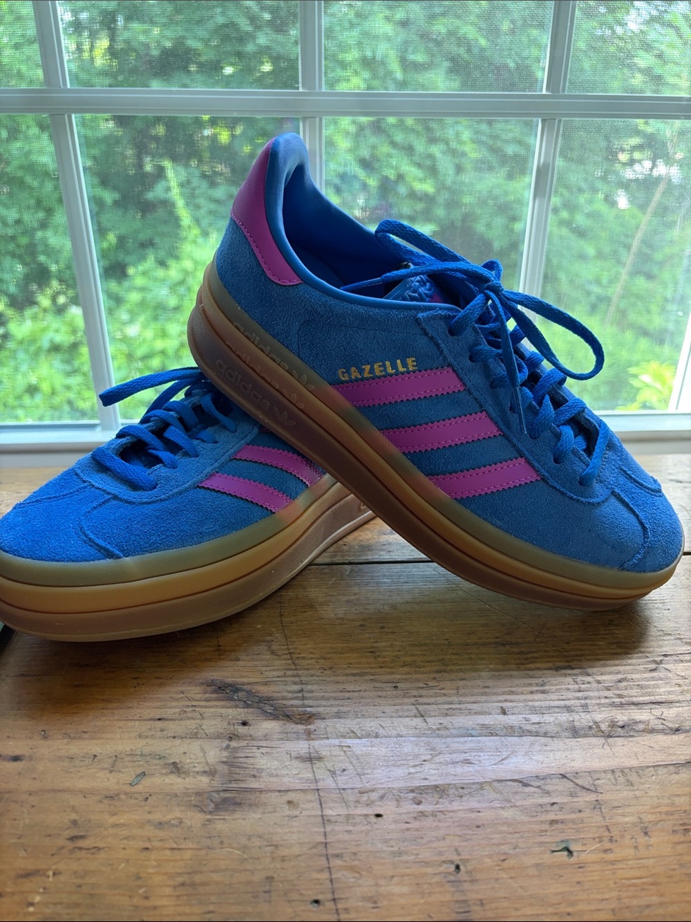 adidas Gazelle Blue Suede Sneakers with Pink Stripes and Gum Sole